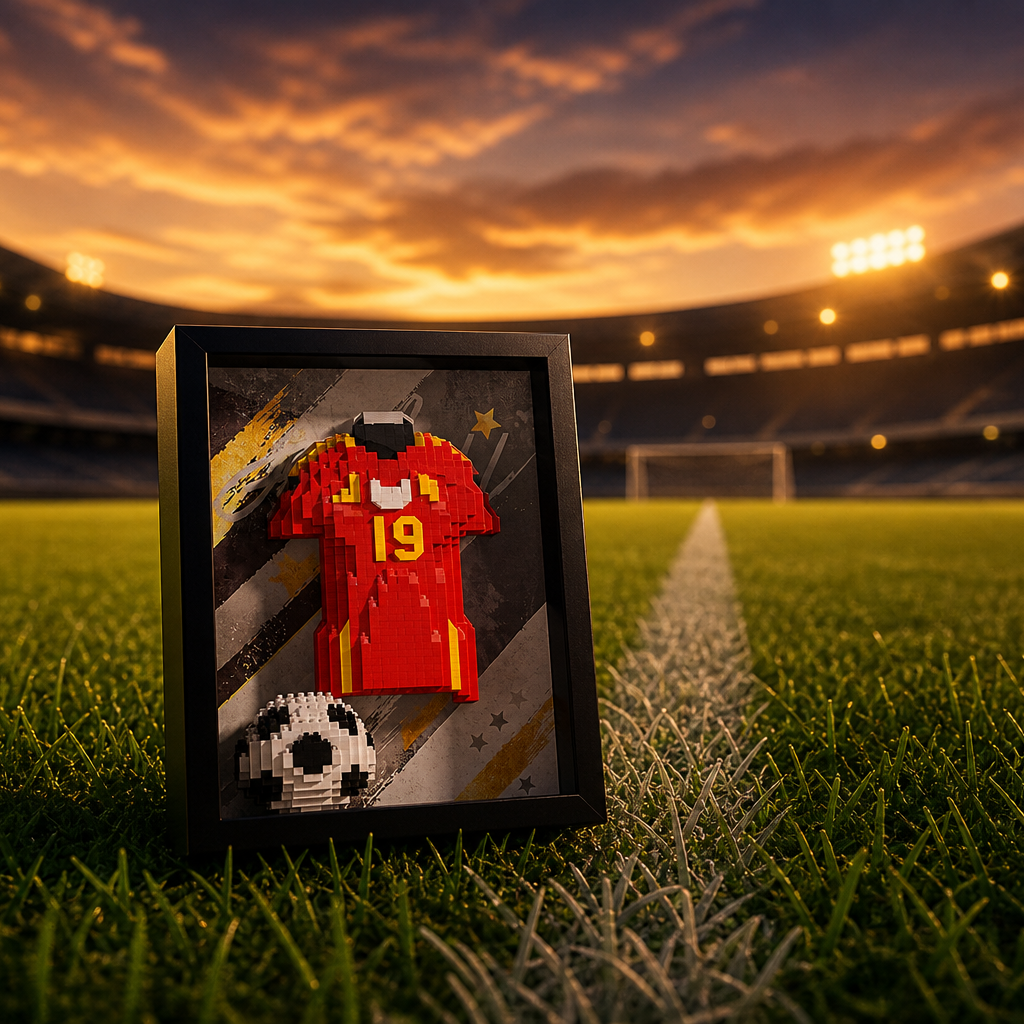 Porta-Retrato Camisa Futebol Vermelha N19 em gramado de est&aacute;dio ao entardecer - Brics Craft 20260605-014205