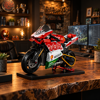Miniatura Ducati V4 em escrit&oacute;rio escuro com mesa de madeira