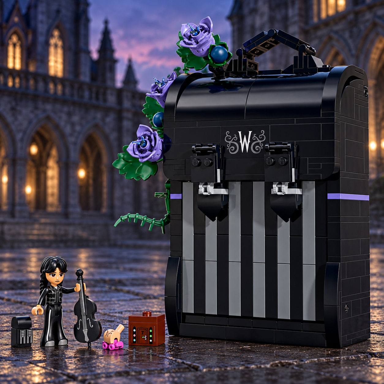 Cena 05: Mochila da Wandinha em um p&aacute;tio g&oacute;tico ao crep&uacute;sculo.