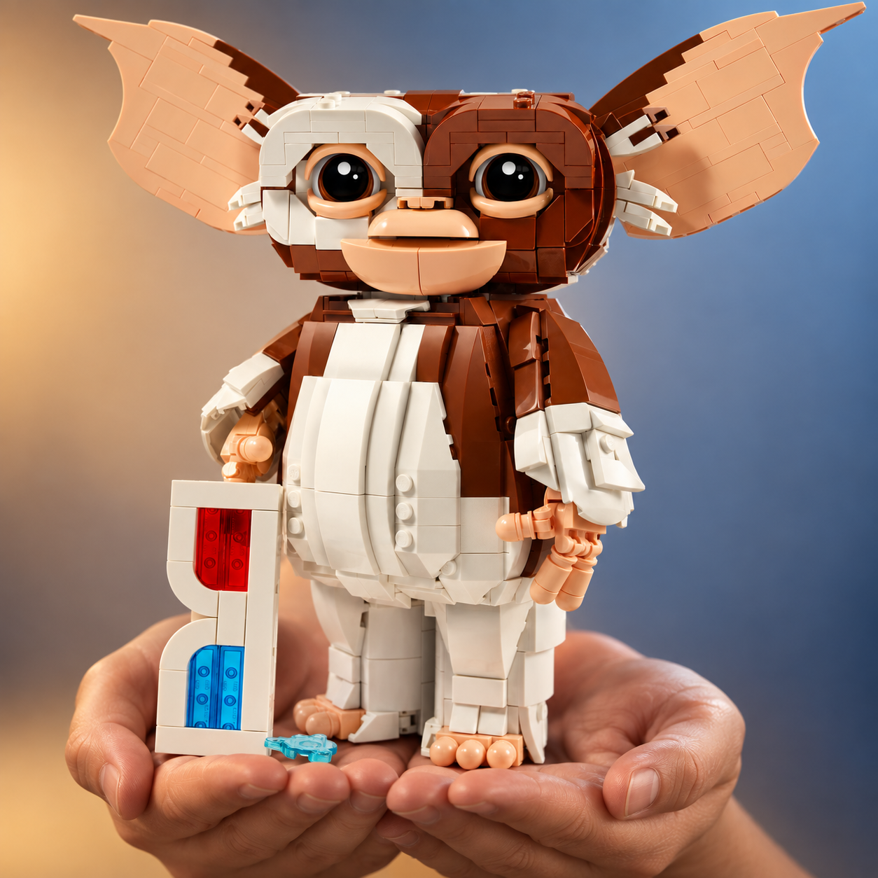 Gremlins: Gizmo (1.125 pe&ccedil;as): m&atilde;os segurando o modelo em escala real.