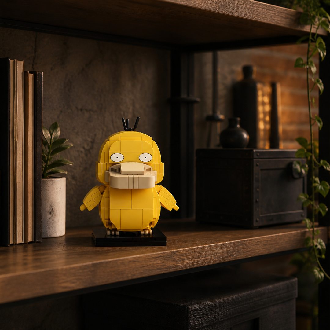 Brinquedo Psyduck em blocos sobre estante industrial de madeira e metal