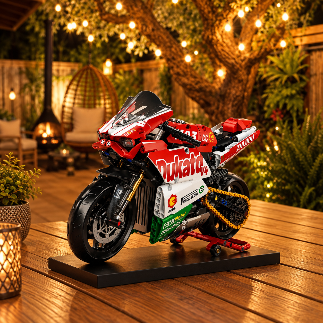 Ducati Panigale V4 em blocos exposta em varanda com ilumina&ccedil;&atilde;o quente