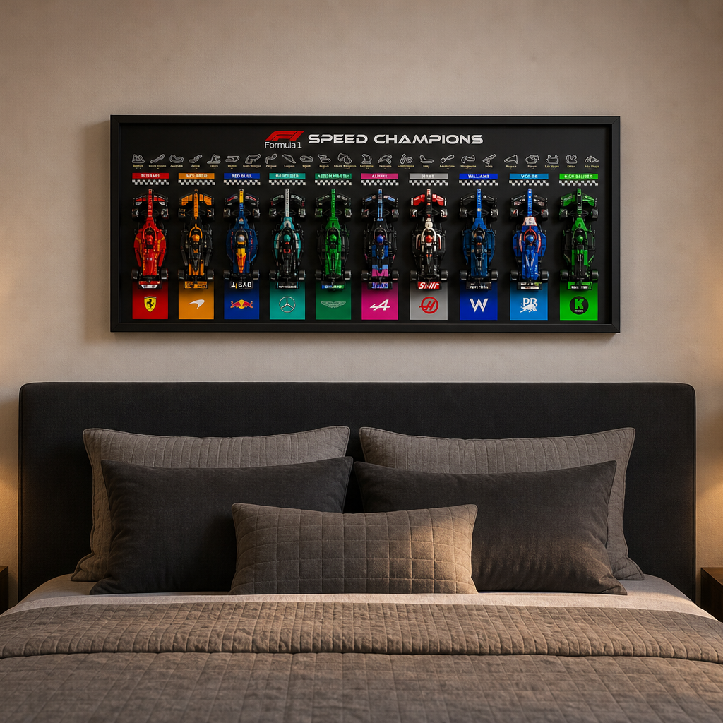 Quadro Speed Champions horizontal 100x40 em quarto contempor&acirc;neo