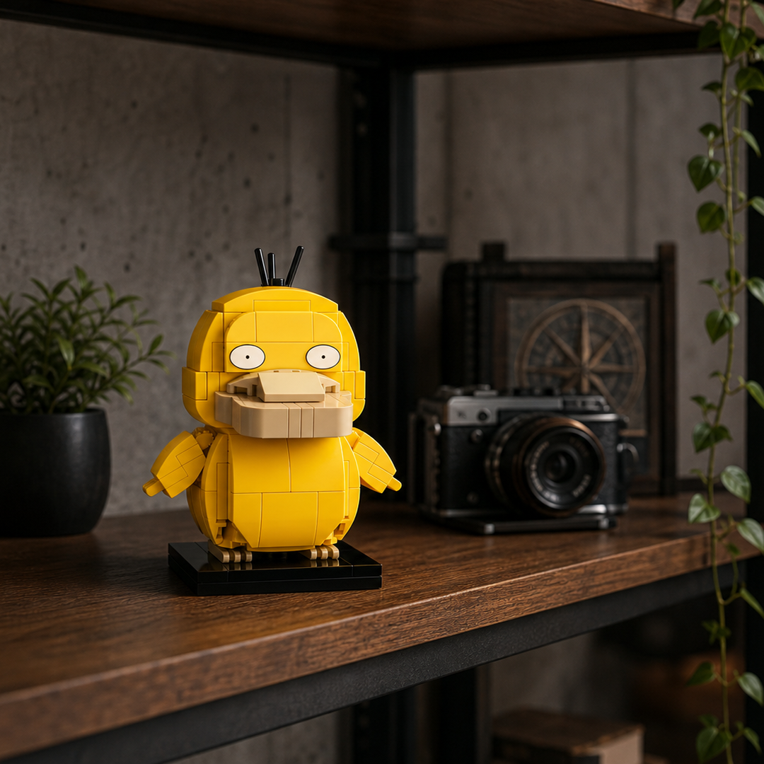 Brinquedo Psyduck em blocos em prateleira industrial iluminada