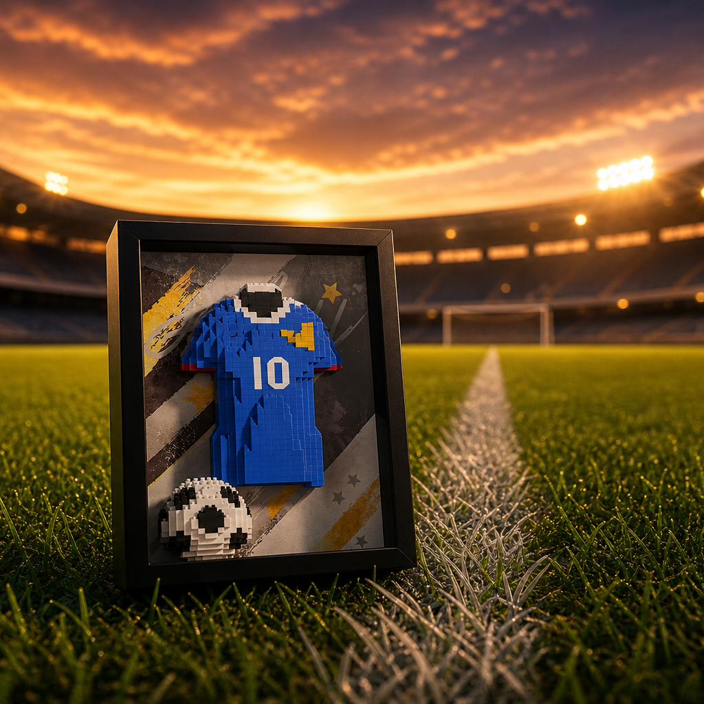 Porta-Retrato Camisa Futebol Azul N10 em gramado de est&aacute;dio ao entardecer - Brics Craft 20260605-014205