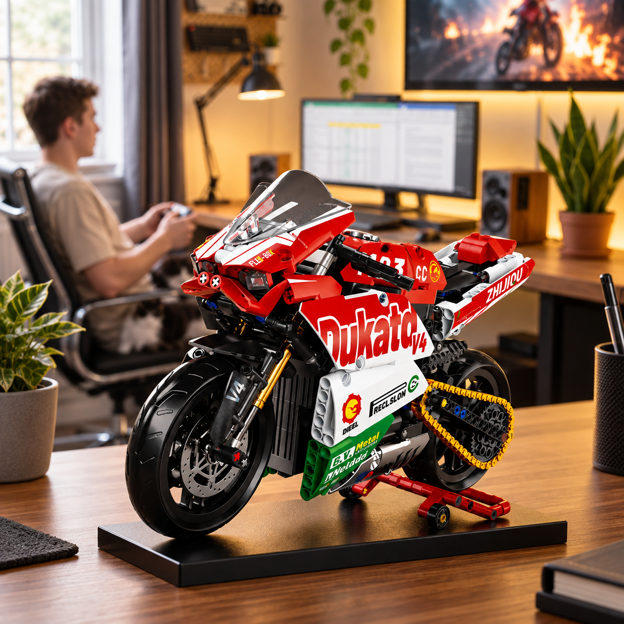 Ducati V4 em blocos em sala de jogos com ilumina&ccedil;&atilde;o quente