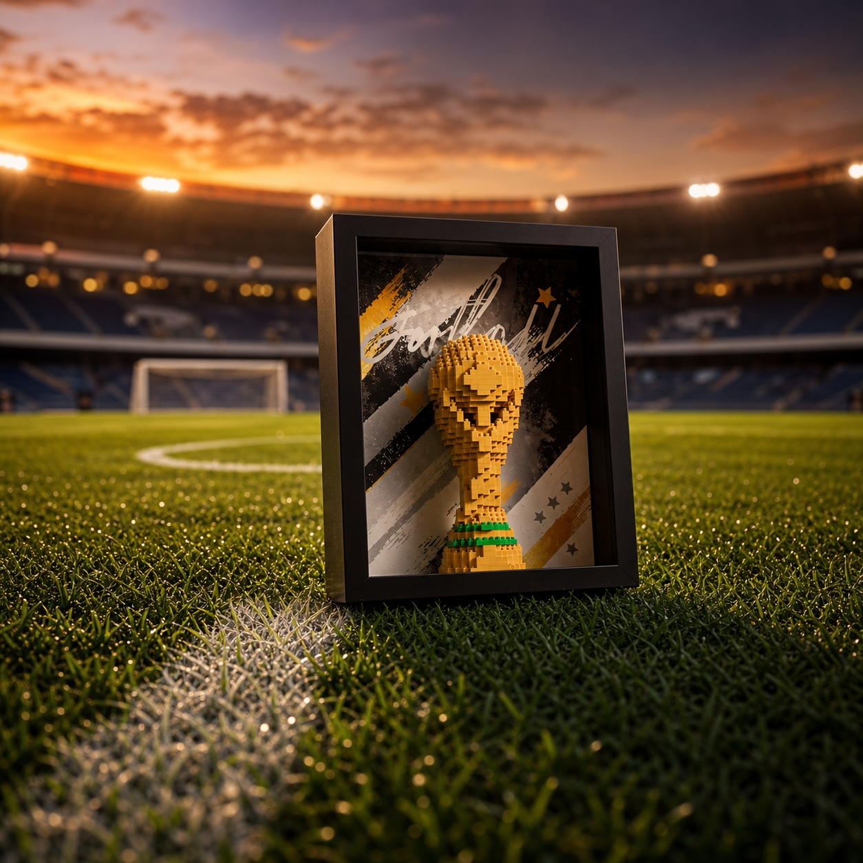 Porta-Retrato Trof&eacute;u de Futebol em gramado de est&aacute;dio ao entardecer - Brics Craft 20260605-124859