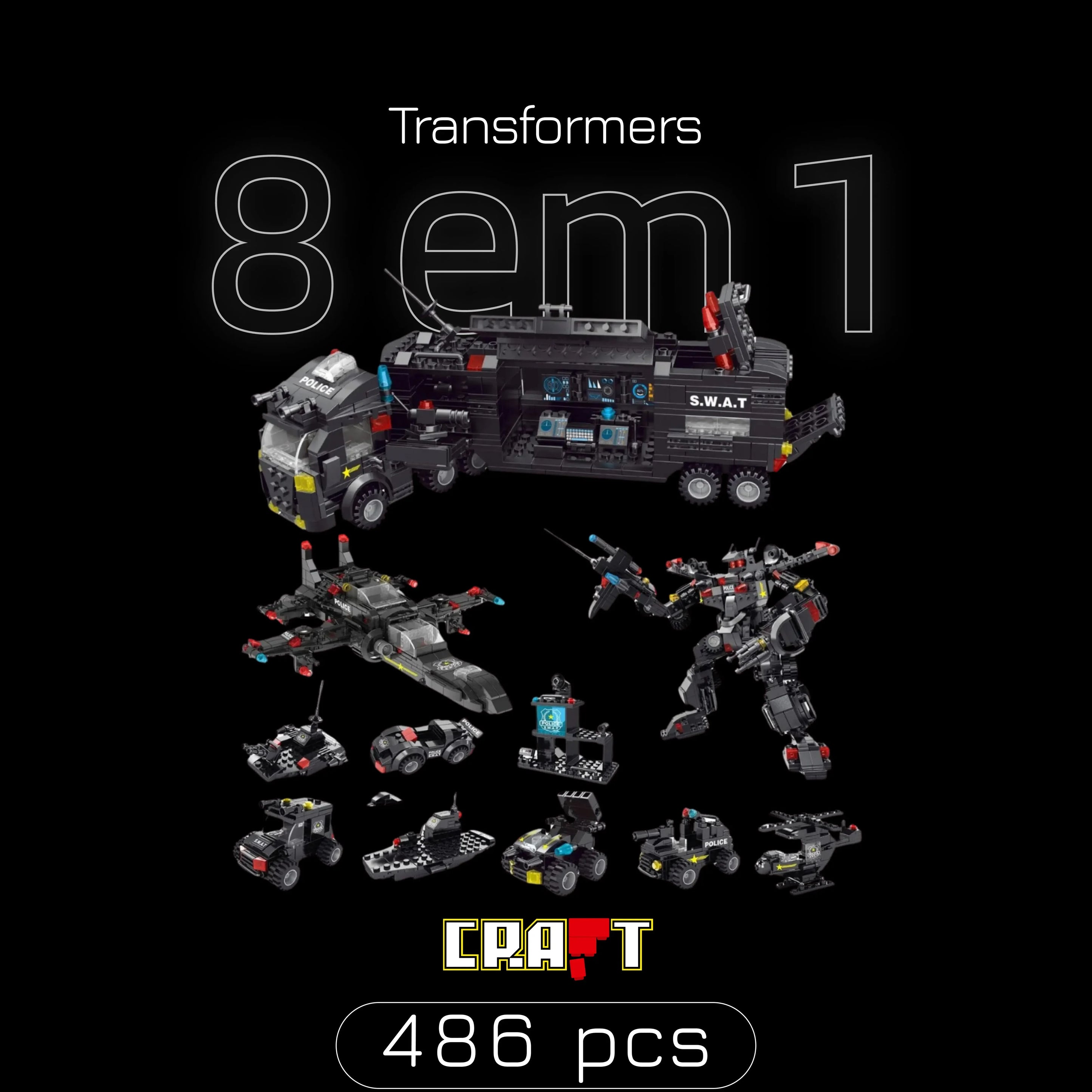 Transformers, Helic&oacute;ptero e Caminh&atilde;o - 8 Brinquedos em 1 (486 p&ccedil;s) - Brics Craft