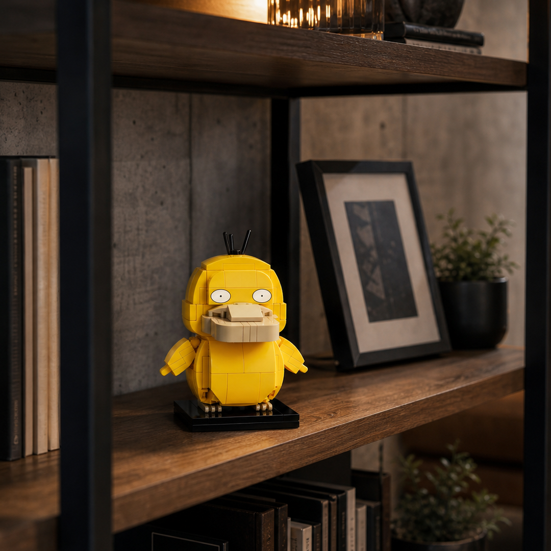 Brinquedo Psyduck em blocos em estante industrial com livros e arte
