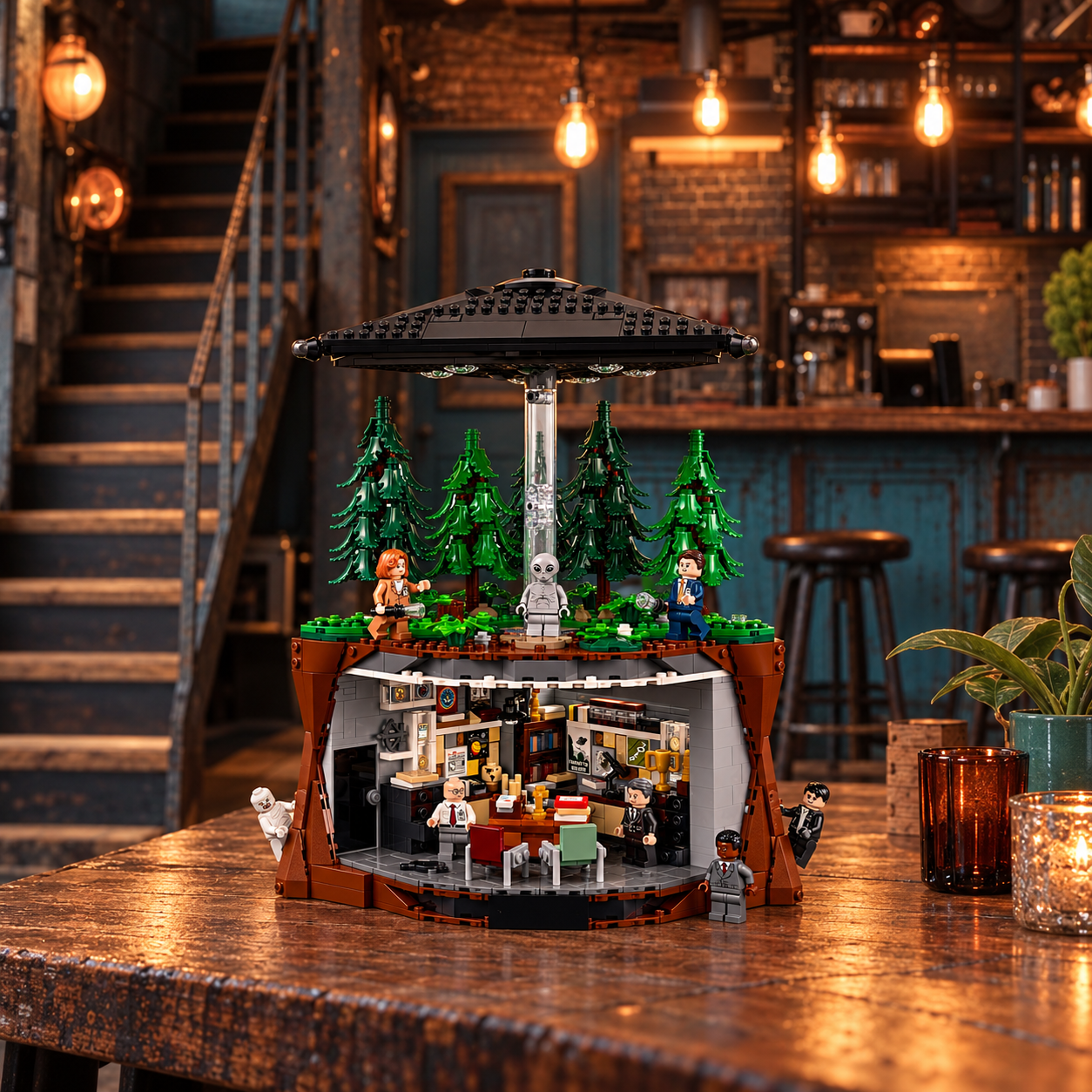 Cena 05: conjunto LEGO Arquivo X em ambiente tem&aacute;tico, fotografia de produto ambientada.