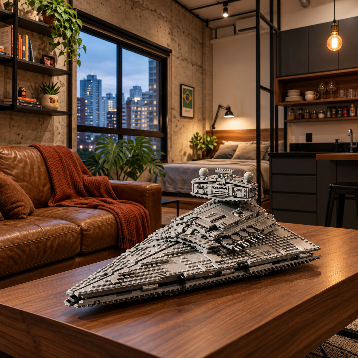 Destruidor Estelar Imperial sobre mesa de centro em loft industrial