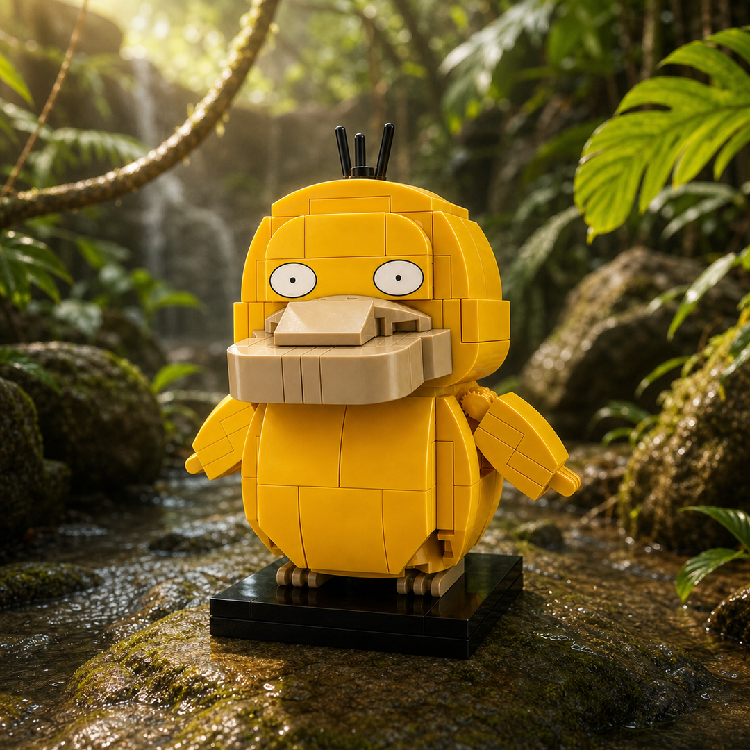 Brinquedo Psyduck em blocos em floresta tropical densa