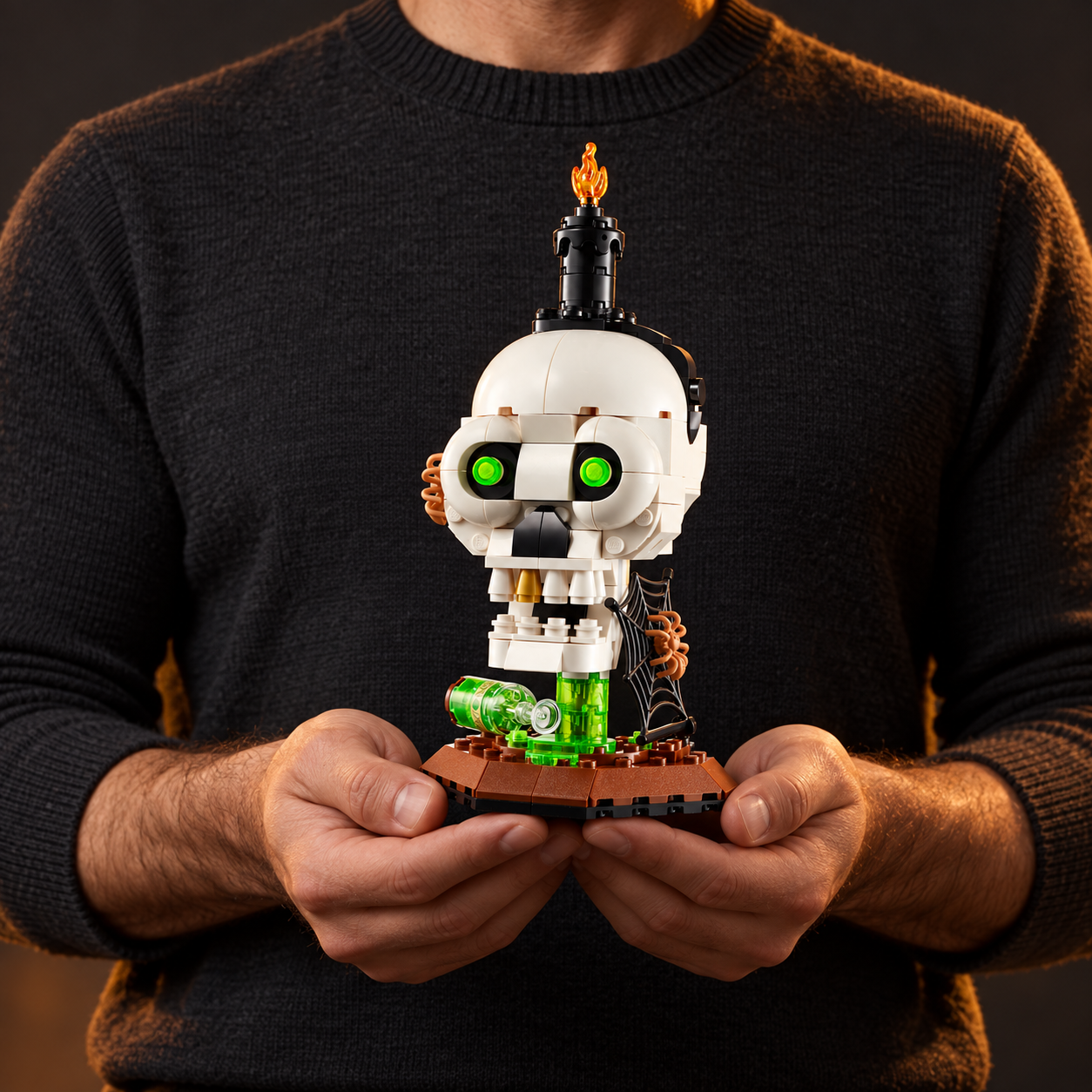 Halloween: Caveira &agrave; Vela (204 pe&ccedil;as): pessoa segurando o modelo em escala real.