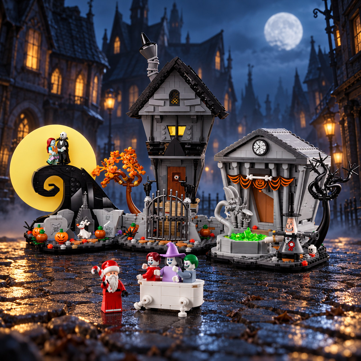 O Estranho Mundo de Jack (2.193 pe&ccedil;as): cena ambientada, rua halloween town.