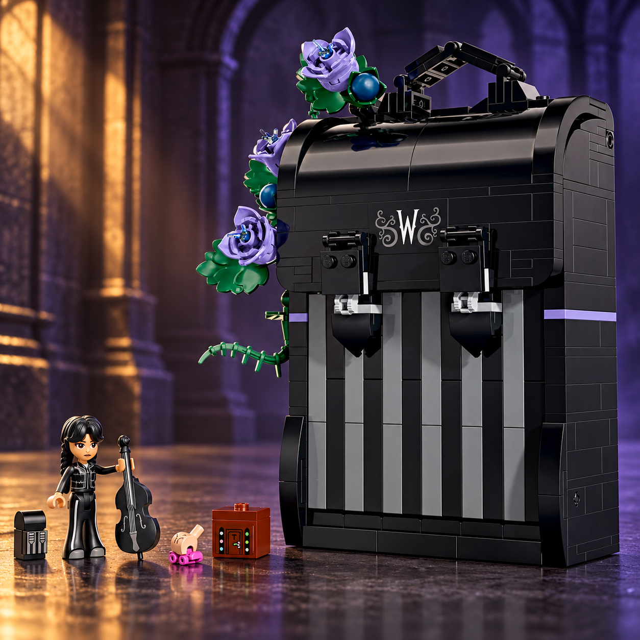 Cena 04: Mochila da Wandinha em um ambiente de pedra escura com ilumina&ccedil;&atilde;o &acirc;mbar e violeta.