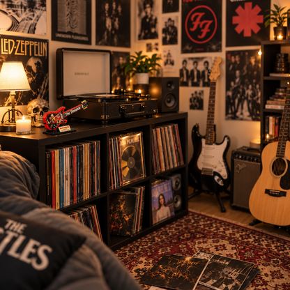 Miniatura da guitarra Iron Maiden The Trooper em uma sala de m&uacute;sica com discos de vinil.