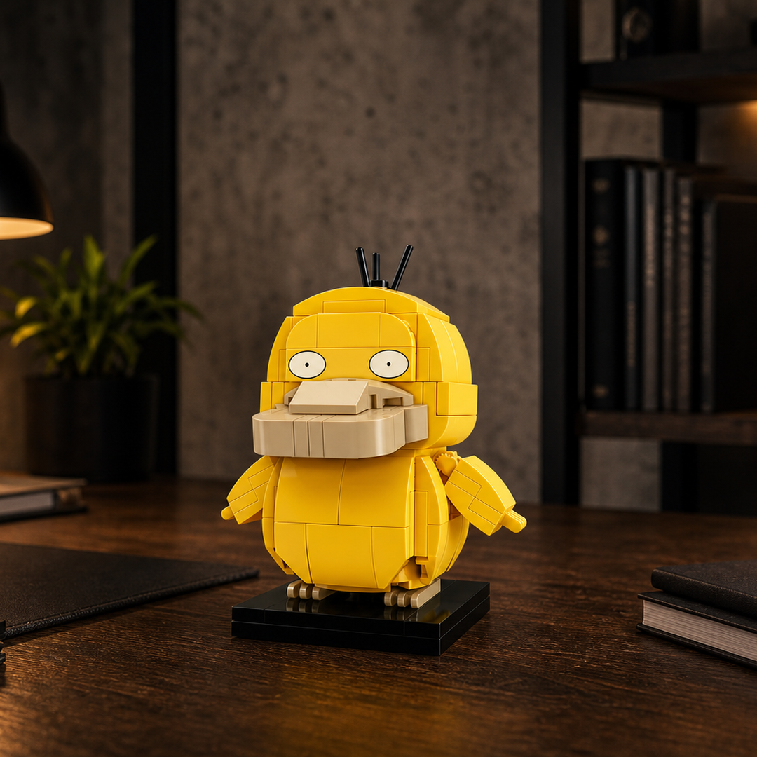 Brinquedo Psyduck em blocos sobre mesa industrial com luz quente