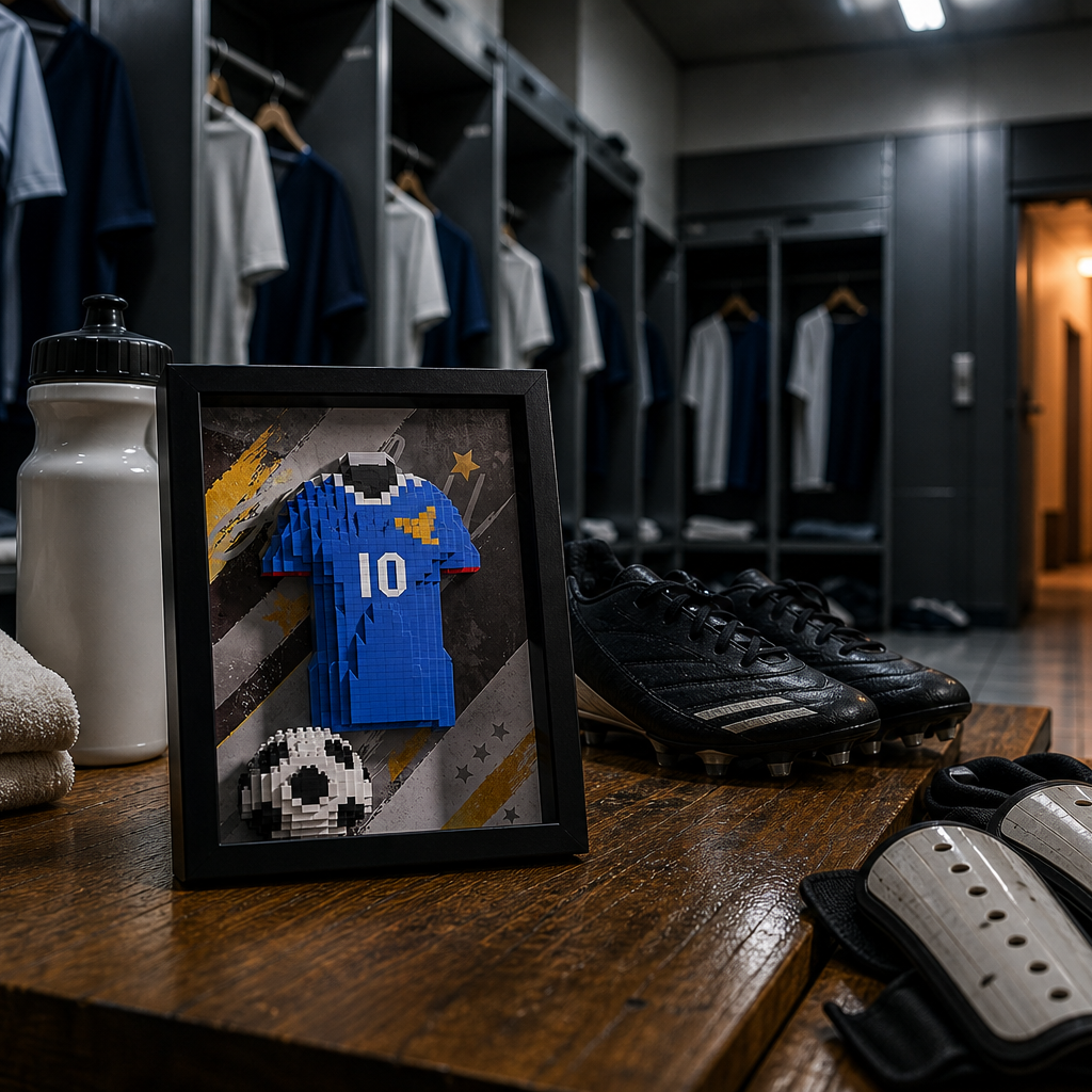 Porta-Retrato Camisa Futebol Azul N10 em vesti&aacute;rio de futebol profissional - Brics Craft 20260605-014205