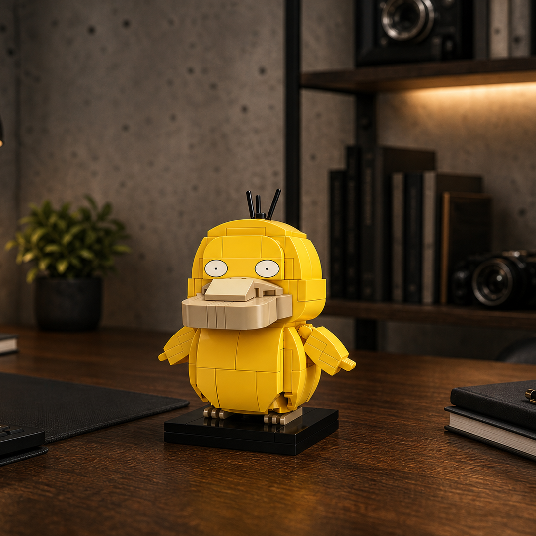 Brinquedo Psyduck em blocos em escrit&oacute;rio moderno de concreto