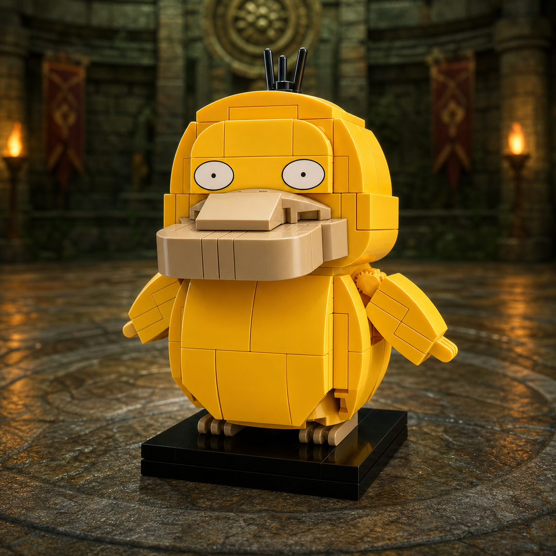 Brinquedo Psyduck em blocos no gin&aacute;sio medieval sombrio