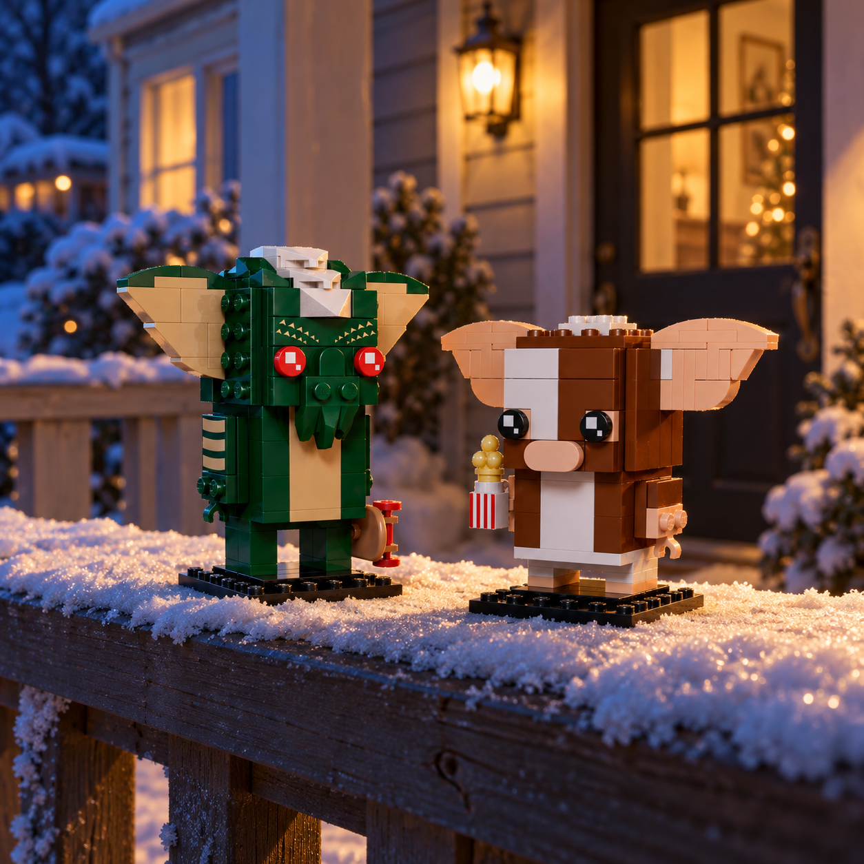 Gremlins - Figuras de Gizmo e Stripe (230 pe&ccedil;as): cena ambientada, varanda nevada.