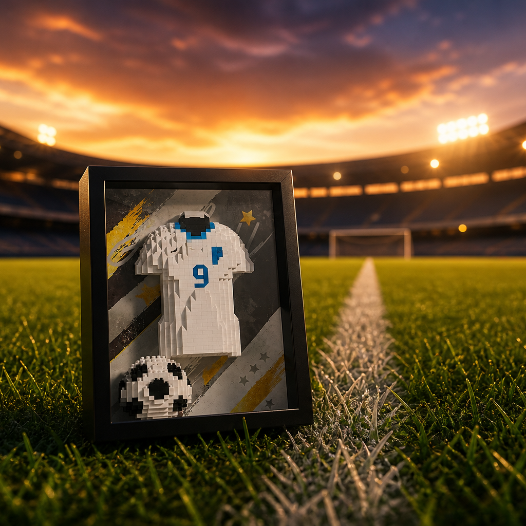 Porta-Retrato Camisa Futebol Branca N9 em gramado de est&aacute;dio ao entardecer - Brics Craft 20260605-014205