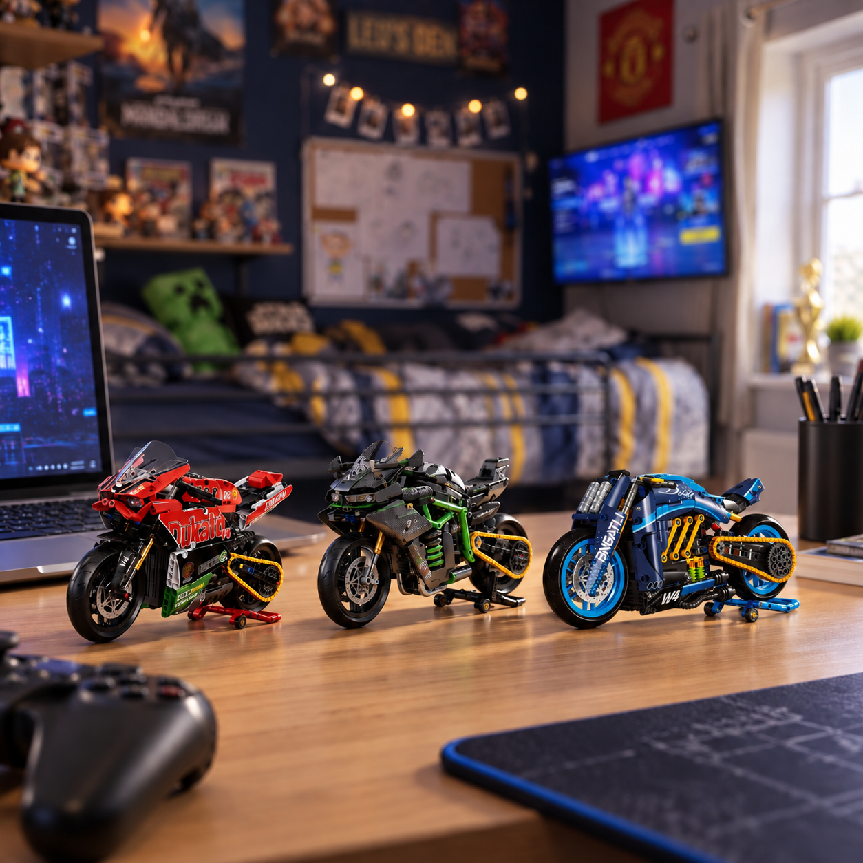 Trio de miniaturas Ducati V4, Kawasaki MG03 e moto conceito W4 em quarto gamer com ilumina&ccedil;&atilde;o
