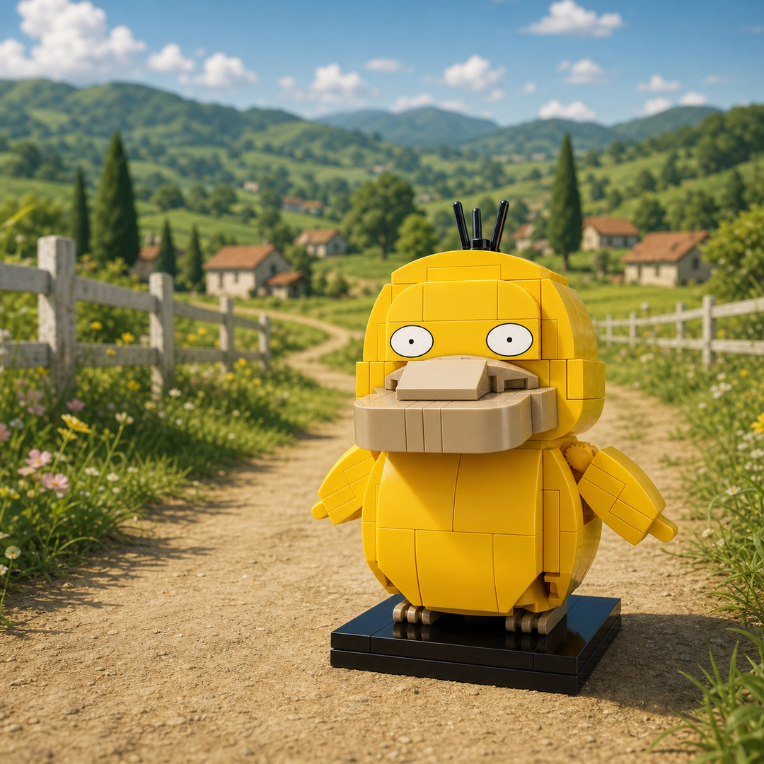 Brinquedo Psyduck em blocos em paisagem rural de colinas