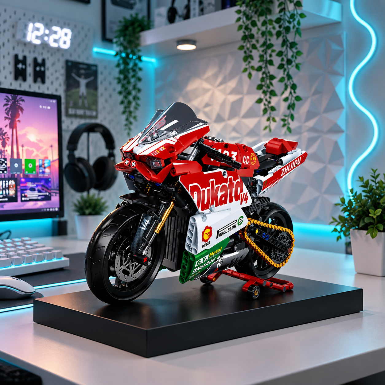 Ducati Panigale V4 em blocos em setup com ilumina&ccedil;&atilde;o azul
