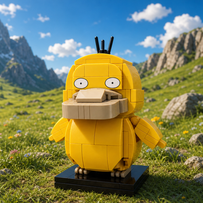 Brinquedo Psyduck em blocos em campina com montanhas estilo RPG japonês