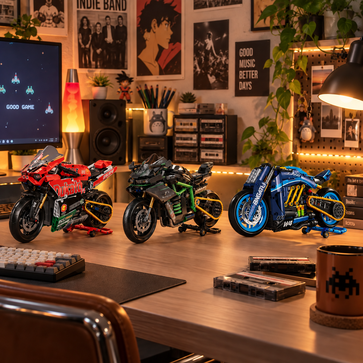 Trio de miniaturas Ducati V4, Kawasaki MG03 e moto conceito W4 em est&uacute;dio criativo